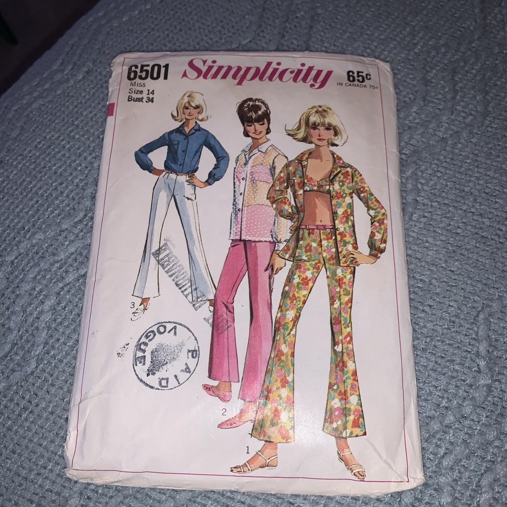 Vintage 1966 Simplicity Sew Pattern Womens Bell Bottoms Tops Sz 14 Bust 34 Cut